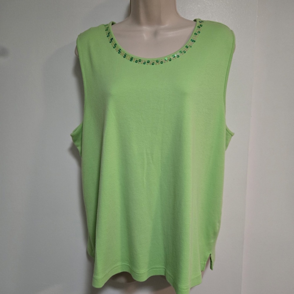 Quacker Factory Size XL Lime Green Soft 100% Cotton Embellished Scoop Neck Tank